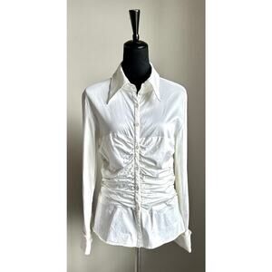 Kay Unger White Ruched Bodice Detail Button Front Collared Cotton Blouse Size 12